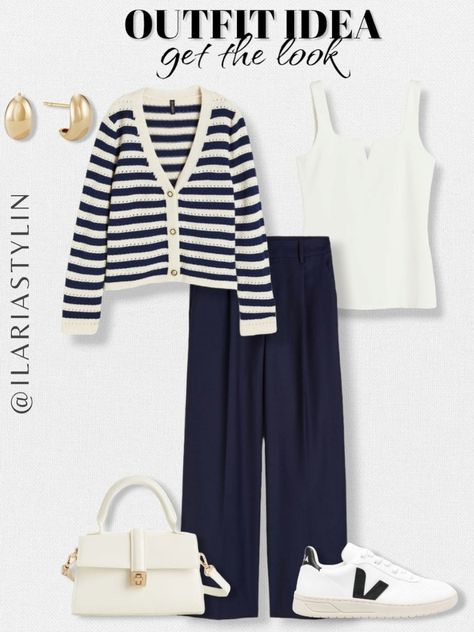 fashion inspo, summer fashion, summer outfit, summer outfit idea, transitional outfit, outfit inspo, comfy chic, classic chic, casual chic, effortless chic, pointelle cardigan, knit cardigan, striped cardigan, white top, cream top, tank top, jersey top, navy blue pants, tailored pants, wide leg pants, white sneakers, veja sneakers, veja v-10, cream bag, handbag, shoulder bag, style inspo, women fashion Striped Cardigan Outfit, Perfect Winter Outfit, Cardigan Outfit, Transition Outfits, Summer Capsule Wardrobe, Neutral Fashion, Striped Cardigan, Outfit Idea, Minimal Fashion