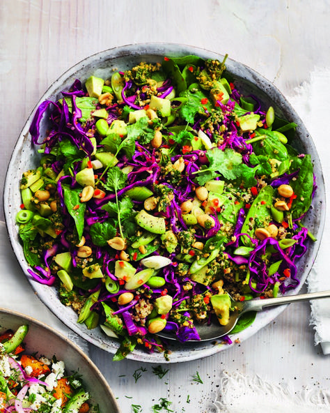 Red cabbage, quinoa and avocado salad with peanut pesto Peanut Pesto, Quinoa Avocado Salad, Red Cabbage Recipes, Red Cabbage Salad, Quinoa Healthy, Delicious Magazine, Cabbage Salad, Vegan Meal, Pesto Recipe