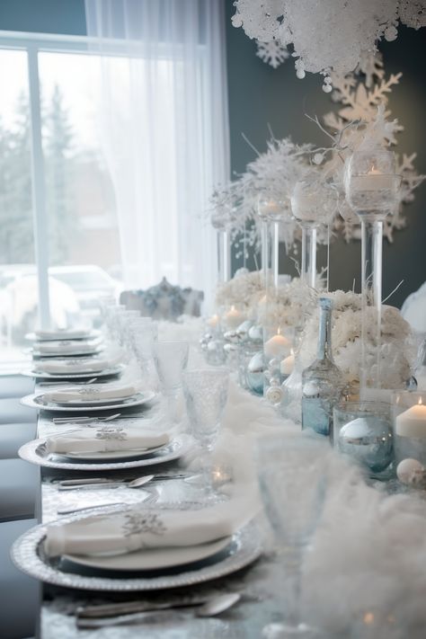 Table setting inspiration for a winter themed baby shower party. Snowflake Table Settings, Winter Baby Shower Table Decor, Winter Baby Shower Table, Baby Shower Table Setting, Christmas Gender Reveal, Forest Baby Showers, Setting Inspiration, Baby Shower Table Decorations, Winter Wonderland Baby Shower