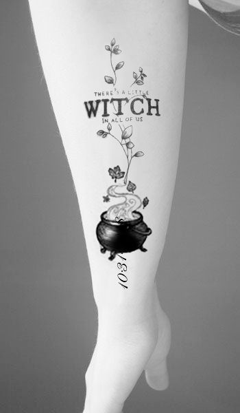 Midnight Margaritas Tattoo, Witch Themed Tattoos, Witchy Arm Tattoo, Cute Witch Tattoo, Witch Tattoo Ideas Witchcraft, Witch Tattoo Design, Witch Hat Tattoo, Witch Tattoos, Witchcraft Tattoos