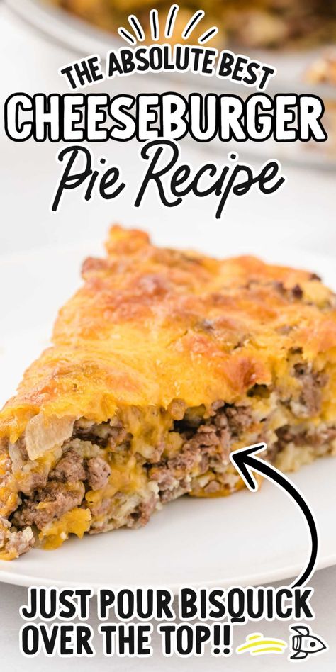 Seasoned ground beef and gooey cheese are topped with a Bisquick crust to create this delicious cheeseburger pie recipe. Cheeseburger Pie Bisquick, Bisquick Recipes Dinner, Dinner Noodles, Dinner Sandwich, Homemade Cheeseburgers, Hamburger Dishes, Beef Pot Pies, Cheeseburger Pie, Ground Beef Casserole Recipes