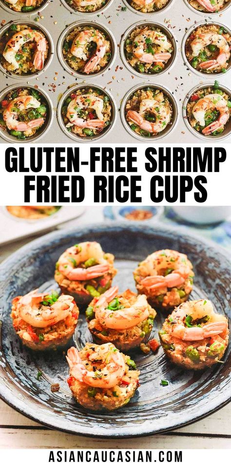 Gluten-free and full of flavor, these Shrimp Fried Rice Cups are a cinch to make. Grab your muffin tin because you can make these easy, gluten-free Shrimp Fried Rice Cups with lots of shortcut options! Enjoy as a game day snack or serve this easy seafood appetizer at your next dinner party or holiday party. #muffintinrecipe Gluten Free Shrimp, Asian Food Appetizers, Rice Cups, Seafood Appetizers Easy, Asian Seafood, Asian Appetizers, Healthy Low Calorie Meals, Shrimp Fried Rice, Shrimp And Rice