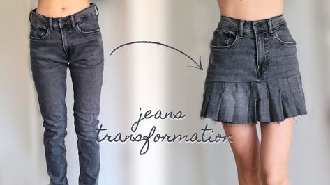 jeans upcycle: DIY pleated skirt Y2K inspired Refashion Jeans To Skirt, Long Skirt Upcycle, Denim Pants Into Skirt, Sewing With Old Jeans, Jeans Skirt Pattern, Denim Pants To Skirt, Denim Skirt From Old Jeans, Jeans To Jean Skirt, Skirt Made From Old Jeans