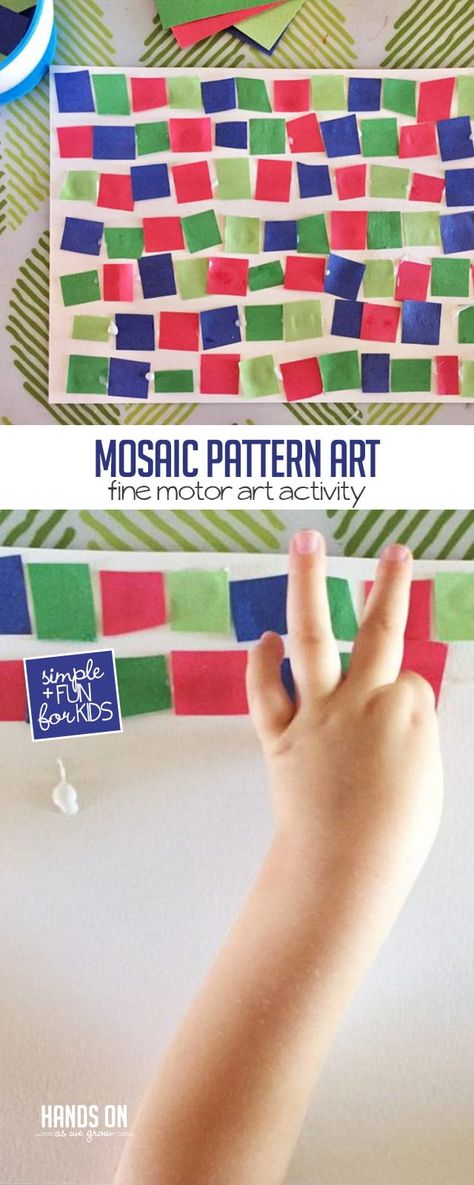 This simple mosaic pattern art idea combines fine motor skills and math fun for preschoolers and toddlers! via @handsonaswegrow Simple Mosaic, Patterning Kindergarten, Art Activity For Kids, Preschool Patterns, Math Patterns, Fine Motor Activities For Kids, Pattern Activities, Preschool Fine Motor, Group Ideas