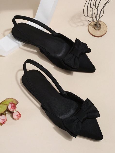 Women Bow Decor Slingbacks, Lycra Point Toe Elegant Flats Black | SHEIN USA Heels Classy Elegant, Elegant Shoes Flat, Classy Flats, Party Flats, Pointy Shoes, Trendy Flats, Walking In Heels, T Strap Shoes, Elegant Flats