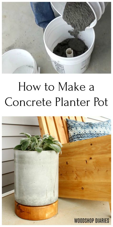 Make an EASY DIY concrete and wood planter pot with this tutorial.  A couple buckets, a 2x4 and a bag of concrete is all you need to make it!  Add a fun unique look with the wooden base.  Perfect for the front porch! Diy Planters Pots, Base Tutorial, Diy Cement Planters, Tattoo Plant, Diy Concrete Planters, Plant Pot Diy, Cement Diy, Concrete Diy Projects, Wood Planter