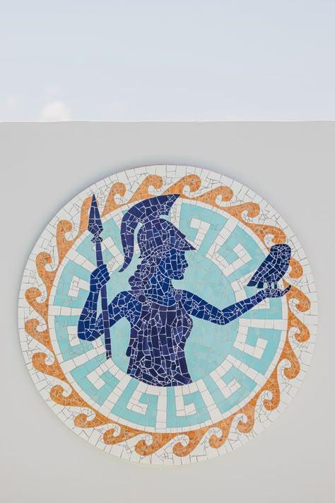 Mosaic Greek Goddess Athena at Meandros Boutique & Spa Hotel in Zakynthos Island, Greece. Artist: Linda Rinke/ Tílde Mosaic. Photo: Amalija Andersone. Recycled ceramic tiles on wood. #mosaic #mosaico #Greece #GreekGoddess #Athena #trencadis #tildemosaic #lindarinke Mosaic Art Greek, Greek Mosaic Art, Greek Tiles, Greek Mosaic, Greek Plays, Greece Design, Blue Glass Tile, Most Beautiful Photos, The Off Season