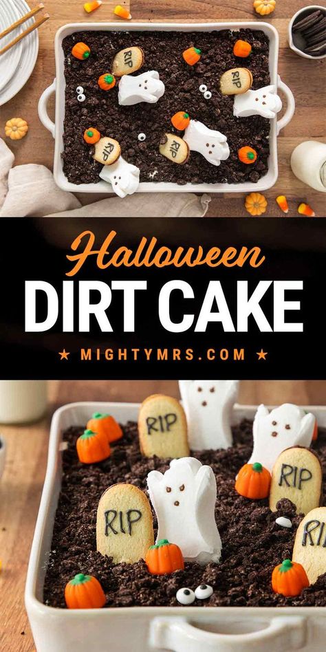 Halloween Dirt Dessert Oreo Dirt Dessert, Halloween Dirt Cake, Worms And Dirt, Dirt Dessert Recipe, Halloween Dirt, Cream Cheese And Cool Whip, Dirt Dessert, Halloween Themed Desserts, Dirt Cake Recipes