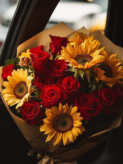 Sunflowers With Roses, Red Sunflower Wedding, Red Roses And Sunflowers, Red And Yellow Roses, Sunflowers And Roses, Red Sunflowers, Sunflower Bouquets, Sunflower Wedding, Rose Bouquet