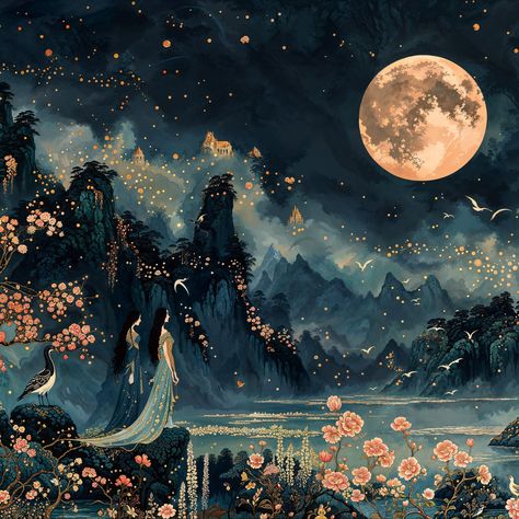 ✪ FINE ART PRINT "Midnight Scene" * This enchanting moonlit Chinese landscape wall art captures a romantic night scene with intricate details and a dreamy ambiance. The captivating artwork features a full moon, lush flora, and traditional Chinese aesthetics.  ✾ ✾ ✾  💭 THE ARTISTIC PROCESS * My digital art prints begin as visions floating around in my imagination that are then brought to life through generative AI. After that "birth," I edit them in numerous steps and with a variety of tools, of Moonlit Landscape, Celestial Realm, Ancient Trees, Art Romantic, Art Chinois, Chinese Landscape, Twinkling Lights, Fantasy Places, Asian Decor