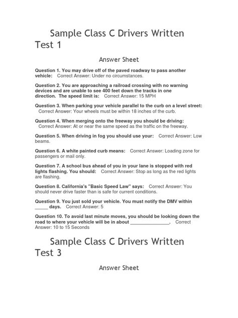 The documents contain sample tests for a Class C driver's license with multiple choice questions testing knowledge of traffic laws, vehicle operation, and safe driving practices. The questions cover topics like right of way, speed limits, vehicle parking rules, railroad crossing safety, defensive driving techniques, and proper procedures following a traffic accident. Driving Test Questions, Winter Arch, Dmv Test, Permit Test, Defensive Driving, Driving Instructions, Driving Practice, Traffic Accident, Railroad Crossing