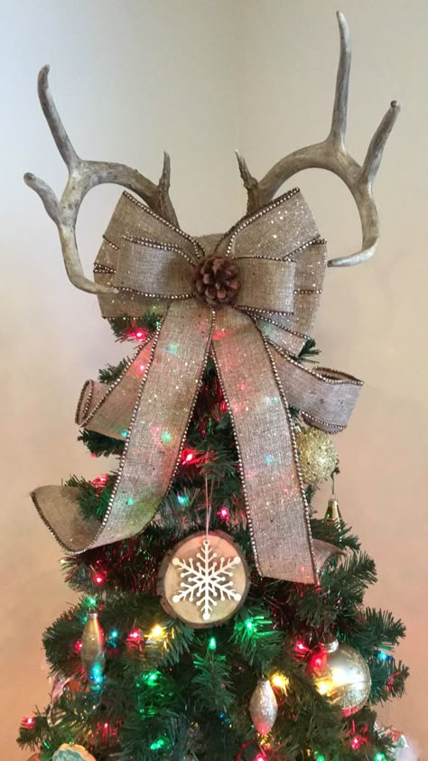 Deer Antler Christmas Tree Decor, Western Christmas Tree Topper, Deer Hunting Christmas Tree Ideas, Deer Christmas Tree Topper, Antler Tree Christmas, Deer Antler Christmas Tree Topper, Hunters Christmas Tree, Antler Christmas Tree Topper, Outdoorsy Christmas Tree