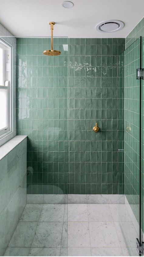 Jade Bathroom, Green Shower Tile, Green Tile Bathroom, New House Bathroom, Small Bathroom Makeover, Gorgeous Bathroom, Downstairs Bathroom, Bathroom Inspiration Decor, Upstairs Bathrooms