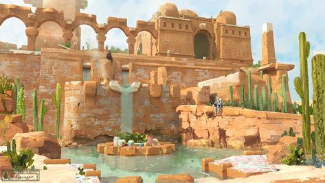 Desert Temple Concept Art, Desert Town Concept Art, Temple Concept Art, Desert Palace, Desert Temple, Desert Environment, Landscape Concept, Location Inspiration, Desert Art