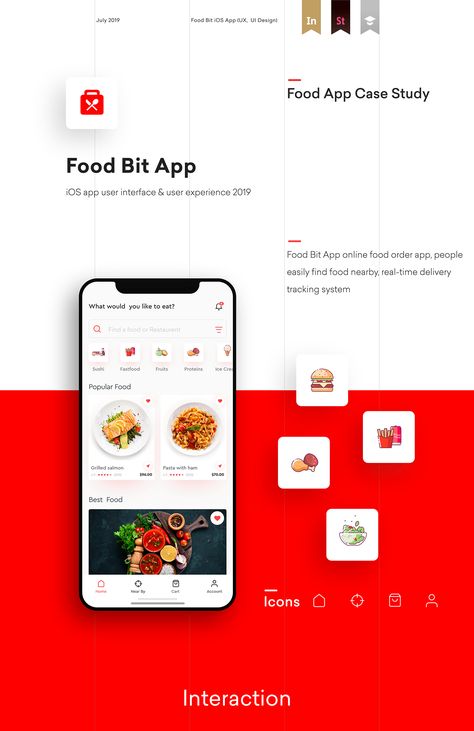 Food Bit App -UI UX design case study on Behance Food Ui Design, Ux Ui Design Inspiration, App Icon White, Food Ordering App, App User Interface, Ui Design Mobile, Restaurant App, App Design Layout, Case Study Design