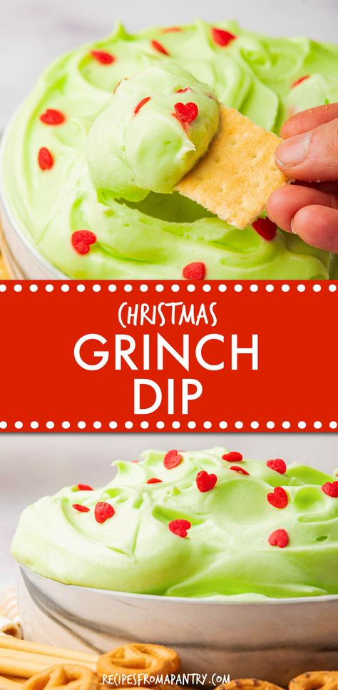 This easy Grinch Dip is a classic Christmas dip for the holiday season. It requires only 6 ingredients and comes together in just a few minutes. Great to serve as a Christmas dessert dip, as part of a Christmas dessert board, or while watching the How the Grinch Stole Christmas movie. This cold dip - No bake Grinch Christmas Dip makes for good holiday traditions - a great appetizer, party dip, dessert for Christmas Holiday parties and Christmas parties. #christmas #dip #grinch #appetizer The Grinch Movie Party, Friendmas Party Ideas Food Appetizers, The Grinch Dinner And A Movie, Whobilation Party Food, Diy Grinch Party Favors, Grinch Party Crafts, Grinch Dip Stole Christmas, Grinch Trail Mix Christmas Parties, Grinch Christmas Party Food Ideas