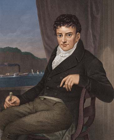 Robert Fulton (1765-1815), American.  Invented the submarine and steam warship, and made commercial steamboats practical. Robert Fulton, Lancaster County Pennsylvania, Read And Write, English History, Lancaster County, Queen Of England, Steam Boats, Royal Navy, King Queen