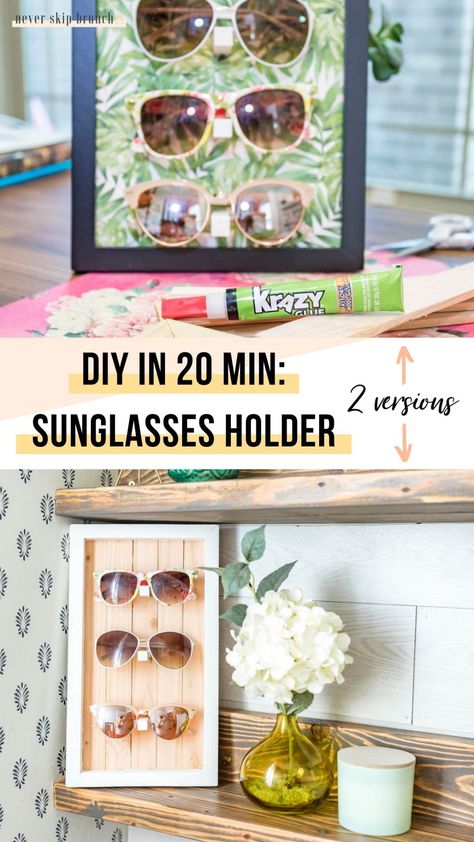 DIY sunglasses holder displays [no power tools] » NEVER SKIP BRUNCH Diy Sunglasses Holder Display, Sunglasses Holder Diy, Diy Glasses Holder, Diy Sunglasses Holder, Wall Storage Ideas, Sunglass Display, Diy Sunglasses, Diy Glasses, Sunglasses Display