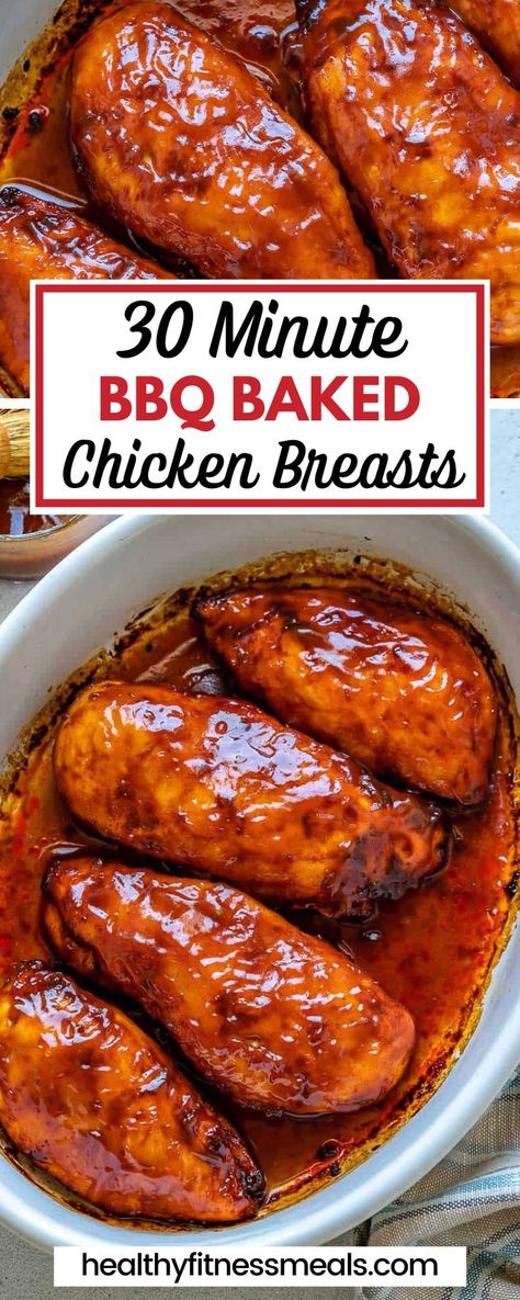 This 30 Minute BBQ Baked Chicken Breasts recipe is a fast and easy dinner. The chicken is covered in a sweet and tangy BBQ sauce, then baked until perfectly juicy and caramelized. You only need a few ingredients and you likely have them on hand already. You can serve this Baked BBQ Chicken Breast with any easy sides you like! For a well-rounded meal, choose a vegetable, healthy grain, and serving of fruit to go with the protein-dense chicken. Bbq Chicken Marinade Baked, Bbq Chicken Breast Oven, Chicken Breast Recipes Meal Prep, Chicken Breast Recipes Bbq, Bbq Chicken In Oven, Bbq Chicken Breast Recipes, Easy Healthy Chicken Breast Recipes, Baked Bbq Chicken Breast, Bbq Chicken Side Dishes