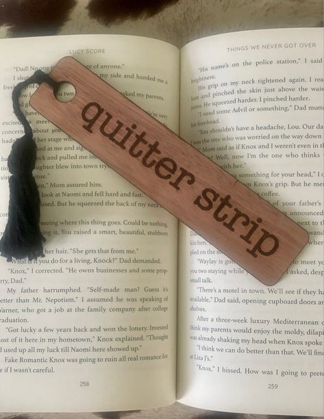 Quitter Strip Fun, wood bookmark by TheTomatoVineDesign on Etsy Bookmarks Are For Quitters, Wooden Things To Make And Sell, Diy Wood Engraving Ideas, Wood Book Marks, Wood Burning Projects To Sell, Funny Bookmark Sayings, Laser Engraved Bookmarks, Wood Bookmark Ideas, Wood Burned Bookmarks