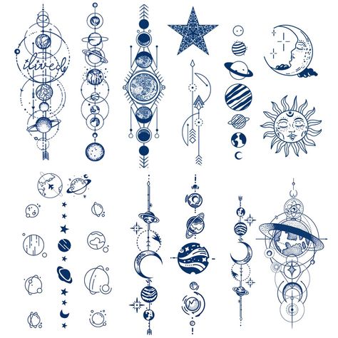 Semi Permanent Planet Temporary Tattoos, 6-Sheet 2 Weeks Long Last Waterproof Moon Star Sun Tattoos, 100% Plant-Based Ink Infinity Realistic Tattoos Sticker Geometric Coloring Pages, Sun Tattoo Designs, Planet Tattoos, Sun Tattoos, Space Tattoo, Tattoo Design Book, Sun Tattoo, Moon Star, Semi Permanent