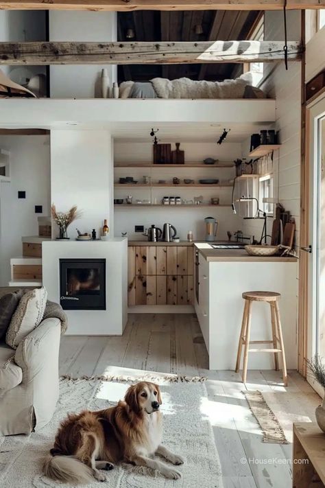 21 Tiny Houses With Staircases That Just Work (Pictures) Tiny House Vintage Style, 2 Bed Tiny Home, Tiny House Cottagecore, Small Houses Interiors, Staircase With Lights, Tiny Stone House, Tiny House Farmhouse, Vintage Tiny House, Good Views