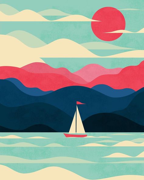 Jay Fleck on Instagram: “It's been very hot here in Chicagoland.  Kinda wish I was out on the water on a boat.  ☀️⛵️ #vectorart #illustrator #adobeillustrator…” Boat Vector Illustration, Bateau Aesthetic, Sail Illustration, Fishing Boat Illustration, Boat Mural, Sailboat Illustration, Phone Illustration, Boat Cartoon, Diy Canvas Art Easy