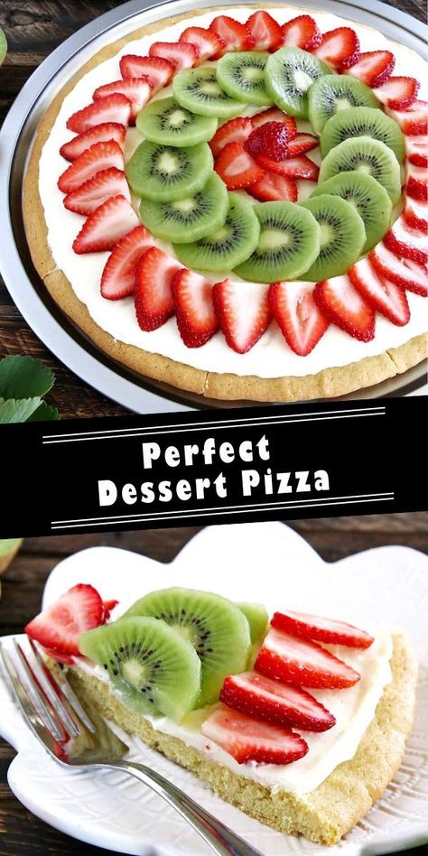 Christmas Fruit Pizza, Kiwi Recipes Dessert, Dessert Pizza Crust, Recipe With Strawberries, Dessert Pizza Recipe, Kiwi Dessert, Strawberry Pizza, Dessert Pizza Recipes, Buttery Sugar Cookies