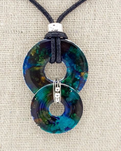 Abstract Shades of Blue Brown Turquoise | Alcohol Ink | Upcycled | Washer Necklace | Washer Jewelry Washer Necklaces, Alcohol Ink Jewelry, Washer Jewelry, Hardware Jewelry, Homemade Jewelry, Alcohol Inks, Enamels, Jewelry Repair, Diy Schmuck