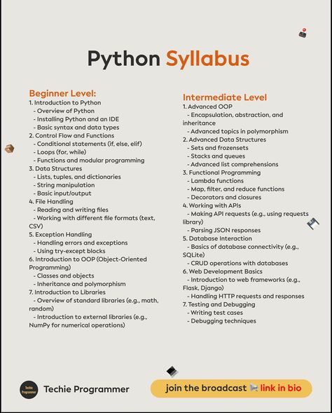 📚 Complete Python Syllabus for Beginners to Advanced 🐍 Master Python programming with our detailed syllabus! Learn everything from basic syntax to advanced topics like web development, data analysis, and machine learning. Whether you’re just starting or aiming to refine your skills, this Python roadmap will guide you to success. 🚀 #python #learnpython #pythonprogramming #coding #developer #datascience #machinelearning #programmingtips #webdevelopment Python Roadmap For Beginners, Python Syllabus, Python Roadmap, Python Notes, Python Basics, Notes Inspiration, Data Structures, Python Programming, Syntax