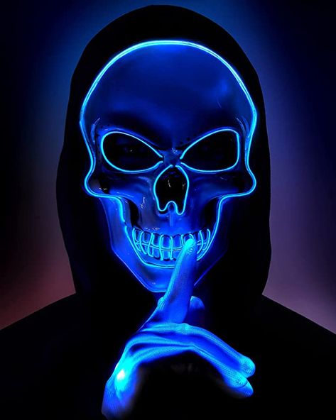 Glow In The Dark Skeleton Costume, Glow In The Dark Costume Ideas, Led Mask Halloween Costumes, Scary Boys Halloween Costumes, Cool Masks Dark, Scary Mask Design, Halloween Costumes With Masks, Blue Halloween Costumes, Hacker Mask