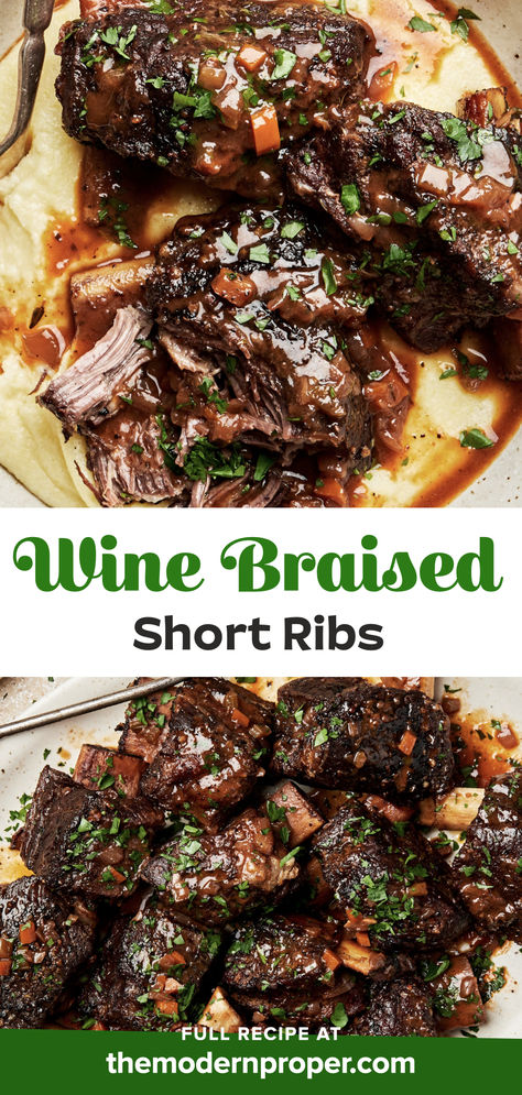 wine braised short ribs on a serving plate made with red wine, spices, celery, onion, carrots and garlic cloves Short Ribs Parpadelle, The Modern Proper Recipes, Tender Short Ribs Recipe, The Best Short Ribs Recipe, Crockpot Pork Short Ribs, Beef Shoulder Ribs Recipes, Short Ribs For A Crowd, Recipes With Short Ribs, Marinade For Short Ribs Beef