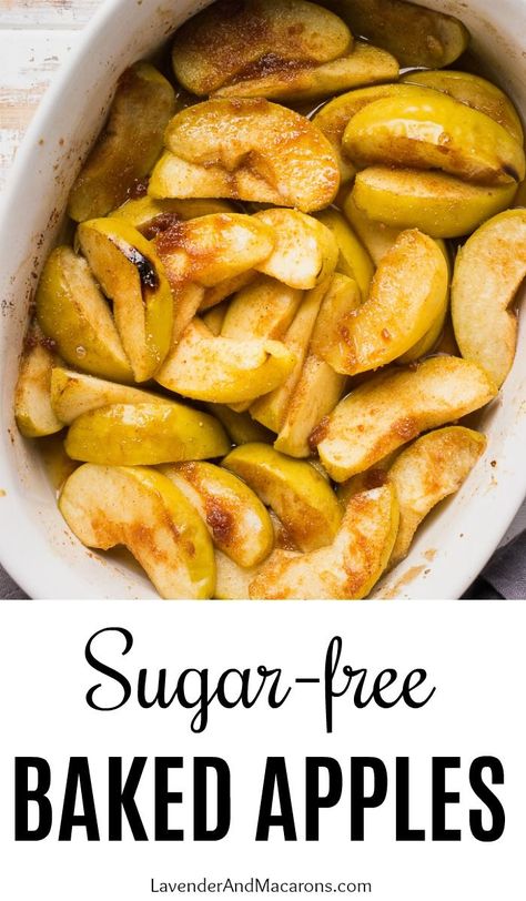 These Sugar-Free Baked Apple Slices is a delicious and healthy plant based dessert idea. This quick recipe is vegan, paleo and gluten-free. Easy to make and yummy! #forksoverknives Low Carb Baked Apples Recipes, Keto Fried Apples Recipe, Baked Apples Healthy Oven, Keto Baked Apples Recipe, Low Carb Baked Apples, Baked Apple Healthy, Baked Apple Recipes Healthy, Thm Baked Apples, Plant Based Apple Recipes