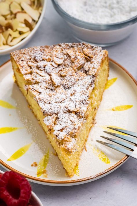 This mouthwatering cake is flavored with almonds and is so delicious. It's an Italian recipe and you're going to love how easy it is to make. Olive oil keeps the cake moist, almond flour adds a nutty flavor and then there are eggs in there to keep the cake moist and fluffy. If you love Italian flavors, especially sweet treats, you're definitely going to love the flavors in this wonderful almond cake. Enjoy a slice with a coffee, cup of tea or any drink. It's a nice sweet snack or dessert option. Almond Tea Cake, Italian Almond Cake Recipe, Italian Almond Cake, Almond Tarts, Italian Love Cake, Pear And Almond Cake, Almond Desserts, Almond Tea, Almond Yogurt