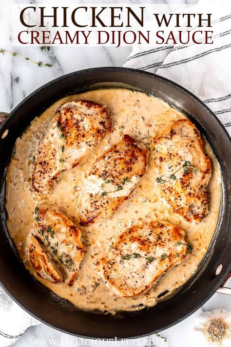 Chicken with Creamy Dijon Mustard Sauce is a simple, incredibly delicious recipe made with pan-seared chicken breasts in a luscious, rich sauce made with white wine, cream, and Dijon mustard. It's simple enough to be enjoyed on a busy weeknight, yet fancy enough for a special dinner party or event. Dijon Mustard Chicken, Chicken Lazone, Dijon Mustard Sauce, Mustard Cream Sauce, Mustard Chicken Recipes, Pan Seared Chicken Breast, Seared Chicken Breast, Pan Seared Chicken, Skillet Dishes