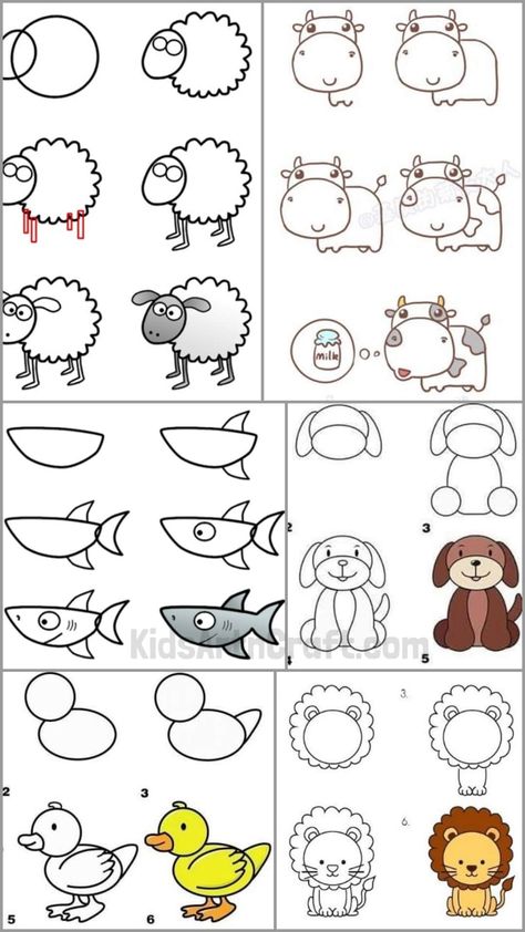 Easy Animals to Draw with Step by Step Tutorials - Kids Art & Craft Easy Way To Draw Animals, Doodle Animals Step By Step, Learn To Draw Animals, How To Draw Farm Animals Easy, Chalk Animals Easy, Step By Step Chalk Drawing, Step To Step Drawings, Easy To Draw Animals Step By Step, Easy Cute Animals To Draw