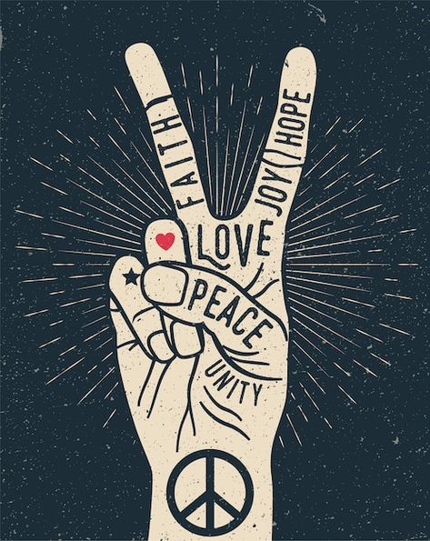 Peace hand gesture sign with words on it... | Premium Vector #Freepik #vector #victory-hand #peace-hand #hands-finger #love-hand 70s Tie Dye, Peace Sign Hand, Peace Hand, Retro Painting, Girl Cartoon Characters, Tie Dye Hippie, Peace Illustration, Hand Gesture, Love T