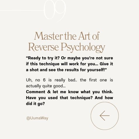 This might not be for you... Wait, what? Ever tried flipping the script in your marketing? 🤔 Reverse psychology is a fun way to get people curious by suggesting the opposite of what you want them to do. It’s not about being sneaky, but about sparking that ‘Wait, what?’ moment. For example, instead of saying ‘Click here,’ you might say, ‘Don’t click this unless you’re really ready to make a change.’ It’s a simple twist that can make people more curious. Or how about this: ‘This might be t... Reverse Psychology, Wait What, What Ever, Do What You Want, Make A Change, The Script, What You Think, Work On Yourself, Let Me Know