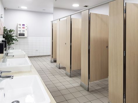 RESTROOM PARTITION Public Restroom Design, School Restroom, Bathroom Stalls, Ladies Toilet, Bathroom Stall, Restroom Design, Ladies Room, Public Bathrooms, Gray Bathroom