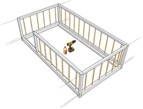 Twin size Montessori floor bed DIY plan - DIY projects plans How To Build A Floor Bed, Montessori Bed Frame Diy, How To Build A Montessori Floor Bed, Diy Floor Bed Toddler, Diy Floor Bed Frame, Toddler Floor Bed Diy, Montessori Bed Plans, Diy Floor Bed, Montessori Floor Bed