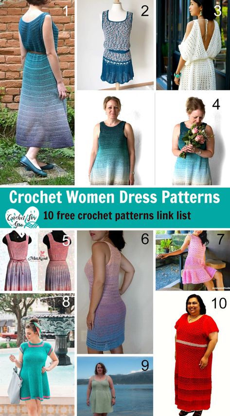 Here is the link list 121 with 10 free crochet women dress patterns. Crochet Dress Pattern Free, Crochet Women, Crochet Summer Dresses, Dress Patterns Free, Pattern Dress Women, Crochet Simple, Flower Crochet, Boho Mini Dress, Crochet Dress Pattern