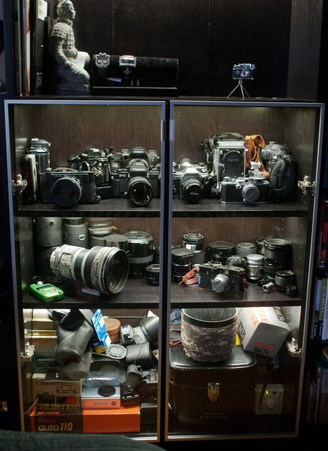 Display Cabinet Camera Display Cabinet, Ikea Bookshelf, Camera Display, Camera Storage, Ikea Bookshelves, Photo Gear, Billy Bookcase, Old Cameras, Craft Rooms