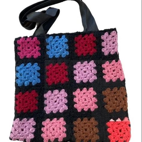 Hand Crafted | Bags | Granny Square Crochet Tote Bag Book Bag Colorful Floral 3 X 13 Inches | Poshmark Bag Display, Crochet Tote Bag, Handcrafted Bags, Square Crochet, Crochet Tote, Craft Bags, Crochet Handmade, Book Bag, Purse Bag