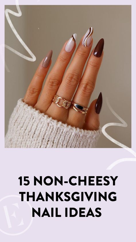 Thanksgiving Nail Designs Almond, Thanksgiving Nail Ideas Acrylic Almond, Fall Thanksgiving Nails Almond, Thanksgiving Nails Acrylic Long, Thanksgiving Nails Purple, Turkey Day Nails, Almond Nails Designs November, November Nail Ideas Almond, November Nails Almond Shape