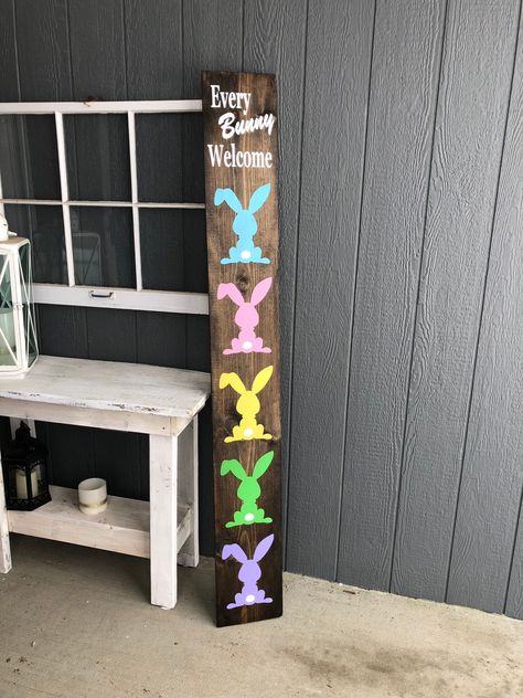 Easter Welcome Sign, Easter Porch Decor Outdoor, Sign Decor Ideas, Painted Bunnies, Easter Porch, Easter Porch Decor, Bright Spring Colors, Easter Wood Signs, Spring Porch Decor