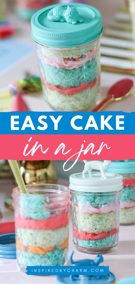 Need an easy dessert recipe for a party? Learn how to make Cake in a Jar! Layered with colorful cream cheese frosting, these mason jar cakes are cute and delicious. Everyone will enjoy this simple sweet treat! Cake In A Jar Recipe, Mason Jar Desserts Recipes, Jar Magic, Mason Jar Cakes, Mason Jar Desserts, Cupcake In A Jar, Cake In A Jar, Edible Creations, Recipe Cake