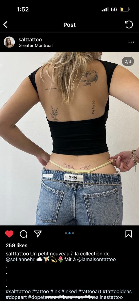 Multiple Tattoos Placement, Multiple Back Tattoos Women Placement, Fine Line Stomach Tattoo, Pretty Tattoo Placement, Middle Back Tattoo Women, Back Tattoo Placement Ideas, Low Back Tattoo, Middle Of Back Tattoo, Back Tattoo Placements