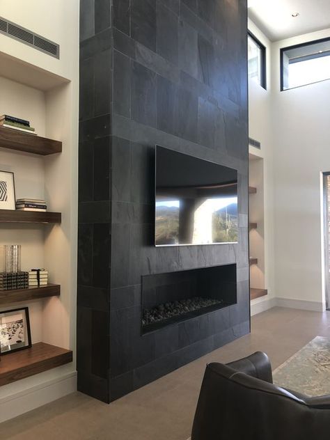 TV Above Fireplace: Should You Avoid It...or Do It? Basement Tv Wall Ideas Fire Places, 3 Sided Fireplace Mantel, 2023 Kitchen Hood Trends, Fireplace And Media Wall, Paneled Study Walls, Non Symmetrical Fireplace Wall, Fireplace Tile Over Brick, Pop Out Tv Wall, Tiled Modern Fireplace