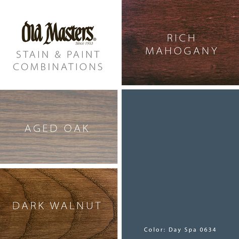 The beauty of natural wood is an important element that adds texture and warmth to a space. We have perfectly paired Old Masters stain colors with many of today’s interior colors to offer you color combinations to inspire. Saturated Navy connects spaces, cultures, and generations. Pairs perfectly with Rich Mahogany, Dark Walnut, and Aged Oak Paint Colors That Go With Dark Walnut Stain, Walnut Color Combination, Mahogany Furniture Color Schemes, Colors That Go With Walnut Wood, Wood Color Combination, Walnut Wood Texture, Alder Cabinets, Restored Furniture, Porch Bar