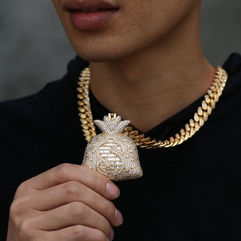 Dollar Bag, Big Gold Chains, Bag Necklace, Big Money, Hip Hop Jewelry, Solid Gold Jewelry, Money Bag, Cuban Link Chain, Cute Necklace